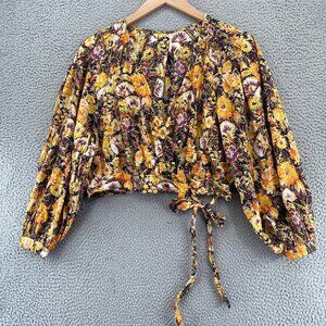 Free People Top Womens Medium Orange Multi Floral Tied Wrap Long Balloon Sleeve